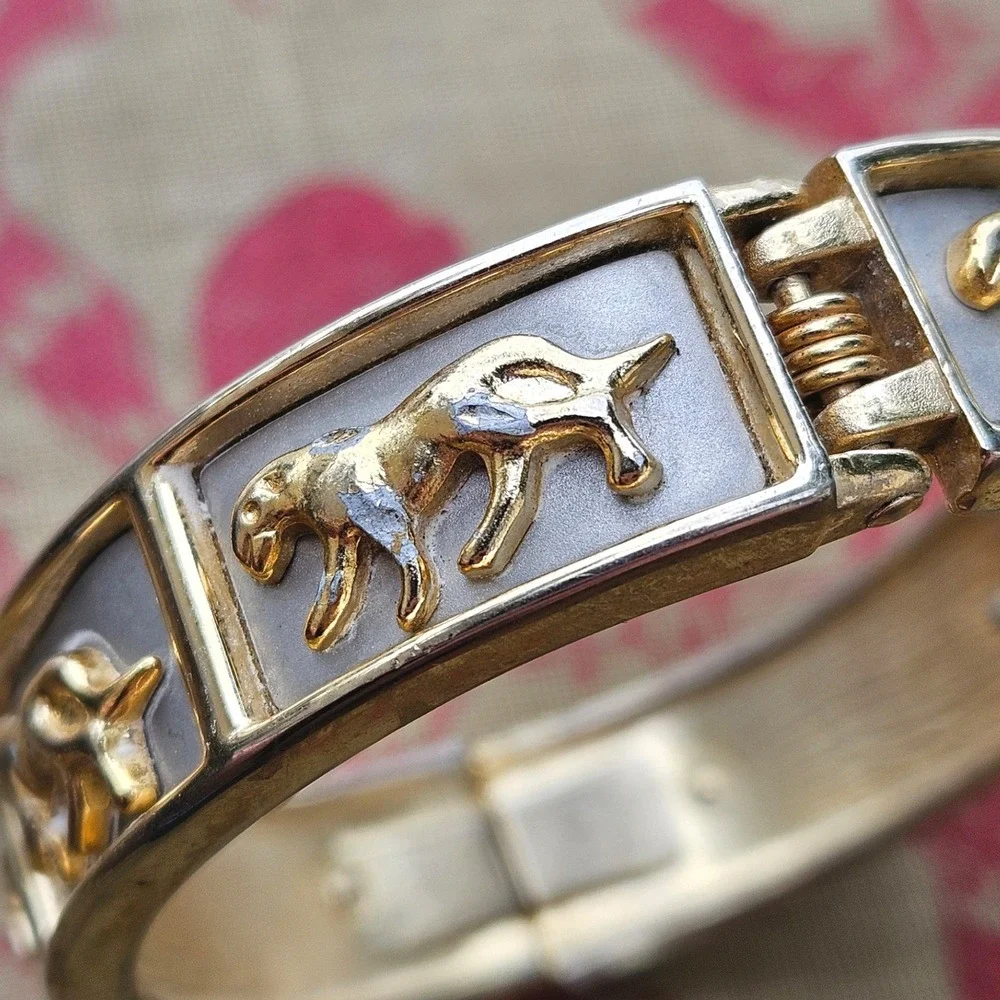 Vintage 80s Gold Silver Tone Panther Hinged Bangle Bracelet Big Cat Statement